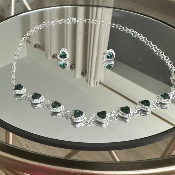 Sterling Silver 925 Choker Heart Green Zircons Stunning Set & Earrings - Picture 10 of 12